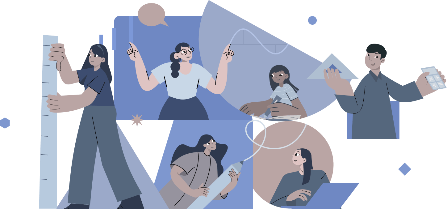 Illustration of students and teachers learning mathematics together online